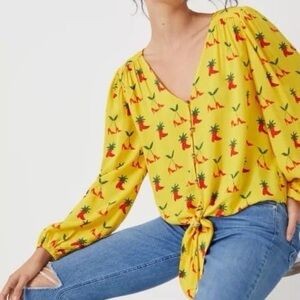 Anthropologie Kendra Dandy Yellow & Red Peppers Print Blouse Size 10